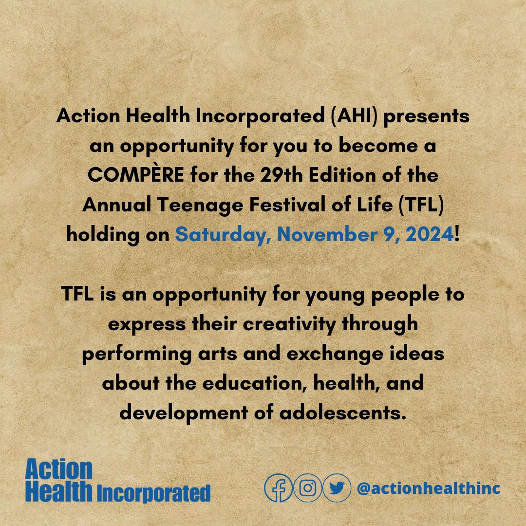 actionhealthinc's tweet photo. Here's a reminder that our search for comperes for the 2024 edition of the Teenage Festival of Life ends next week.
Apply now if you meet the criteria described in the images.
#ActionHealthInc #AHITFL2024 #TeenageFestivalOfLife2024 #Comperes #Hosts #PublicSpeaking https://t.co/NEZ8xW6Jk0