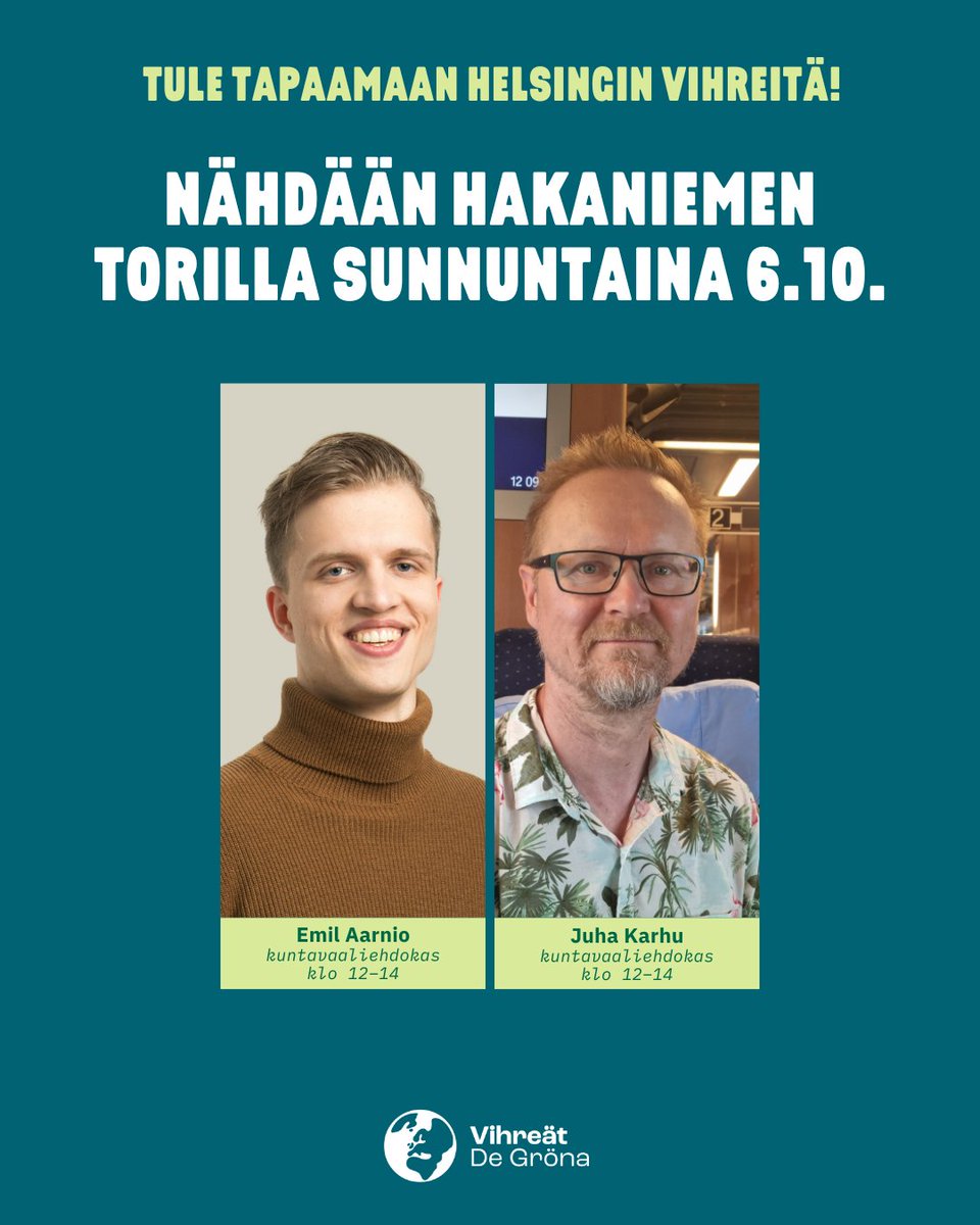 Torilla tavataan! 👋 

Tervetuloa moikkaamaan vihreitä poliitikkoja ja kuntavaaliehdokkaita ja keskustelemaan Helsingin ajankohtaisista asioista lokakuun Hakaniemen markkinoille su 6.10. klo 9–14.

Nähdään vihreällä teltalla! 💚