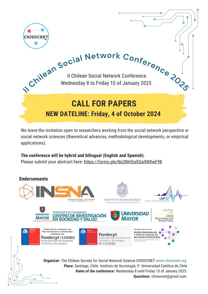 CHISOCNET (@chisocnet) on Twitter photo DEADLINE TOMORROW (4 October 2024)!!
II Chilean Social Network Conference of the Chilean Society for Social Network Science (ChiSocNet) at
<a href="/UCSociologia/">SociologíaUC</a>
on campus and online. Bilingual conference (English/Spanish). <a href="/lista_redes/">Lista Redes</a> <a href="/SocNetAnalysts/">INSNA</a>
chisocnet.org/events/confere… DEADLINE TOMORROW (4 October 2024)!!
II Chilean Social Network Conference of the Chilean Society for Social Network Science (ChiSocNet) at
<a href="/UCSociologia/">SociologíaUC</a>
on campus and online. Bilingual conference (English/Spanish). <a href="/lista_redes/">Lista Redes</a> <a href="/SocNetAnalysts/">INSNA</a>
chisocnet.org/events/confere…
