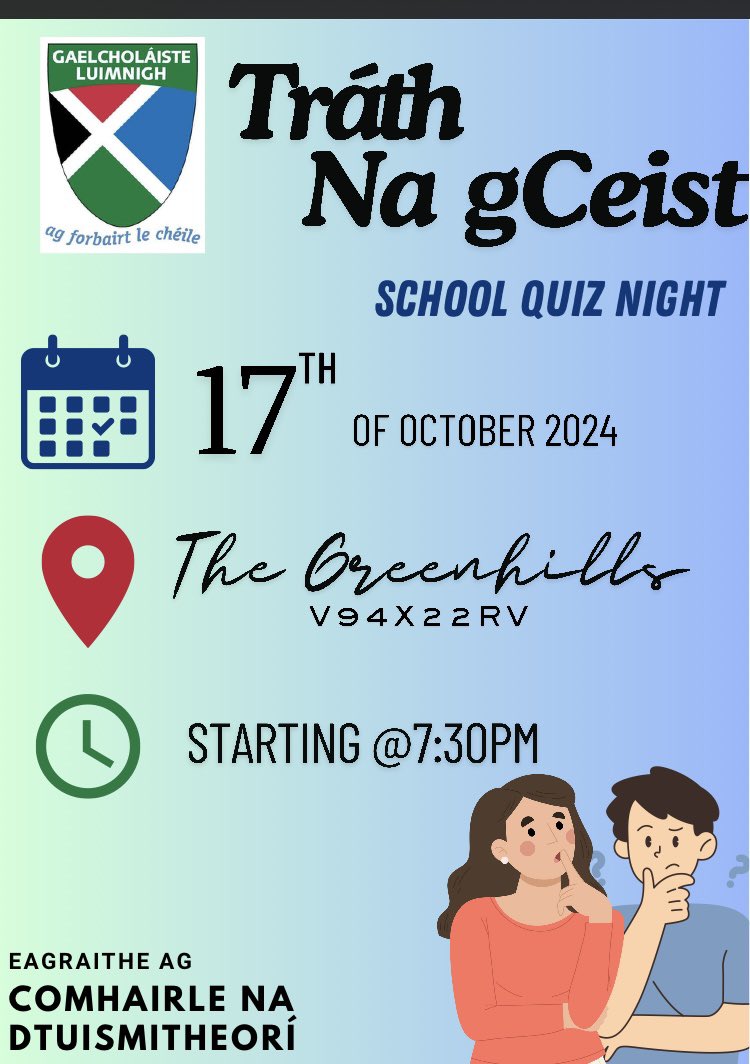 #Dátadondialann #datefordiary <a href="/GCLuimnigh/">GCLuimnigh</a> Parents Council annual table quiz /social evening 17/10 @LimClareETB