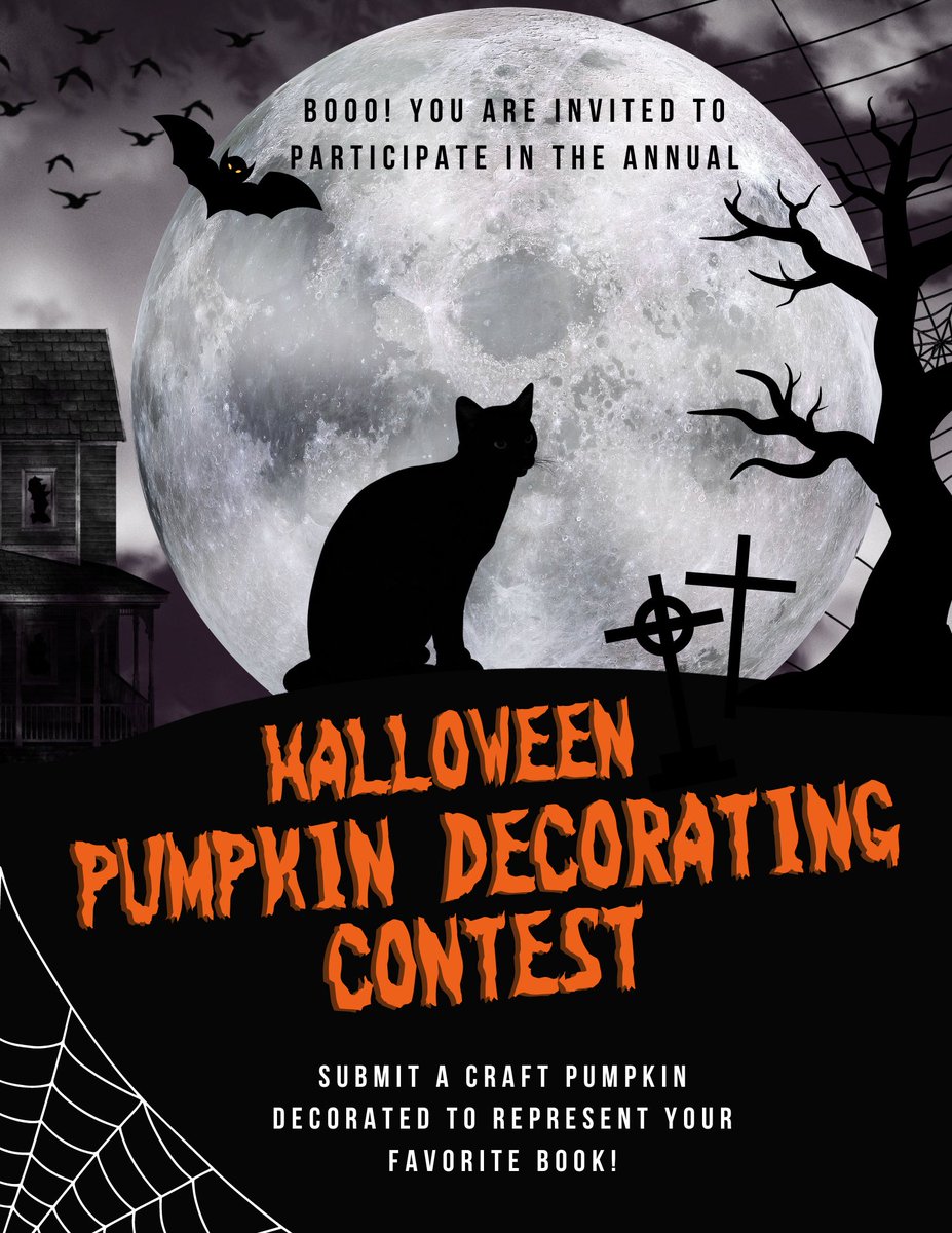 It’s here! The 6th annual Pumpkin Decorating Contest is taking place this month! Go get your favorite book, a craft or paper pumpkin, and let your creativity juices flow! Pumpkins are due by October 29. Contact me for more details. 🎃