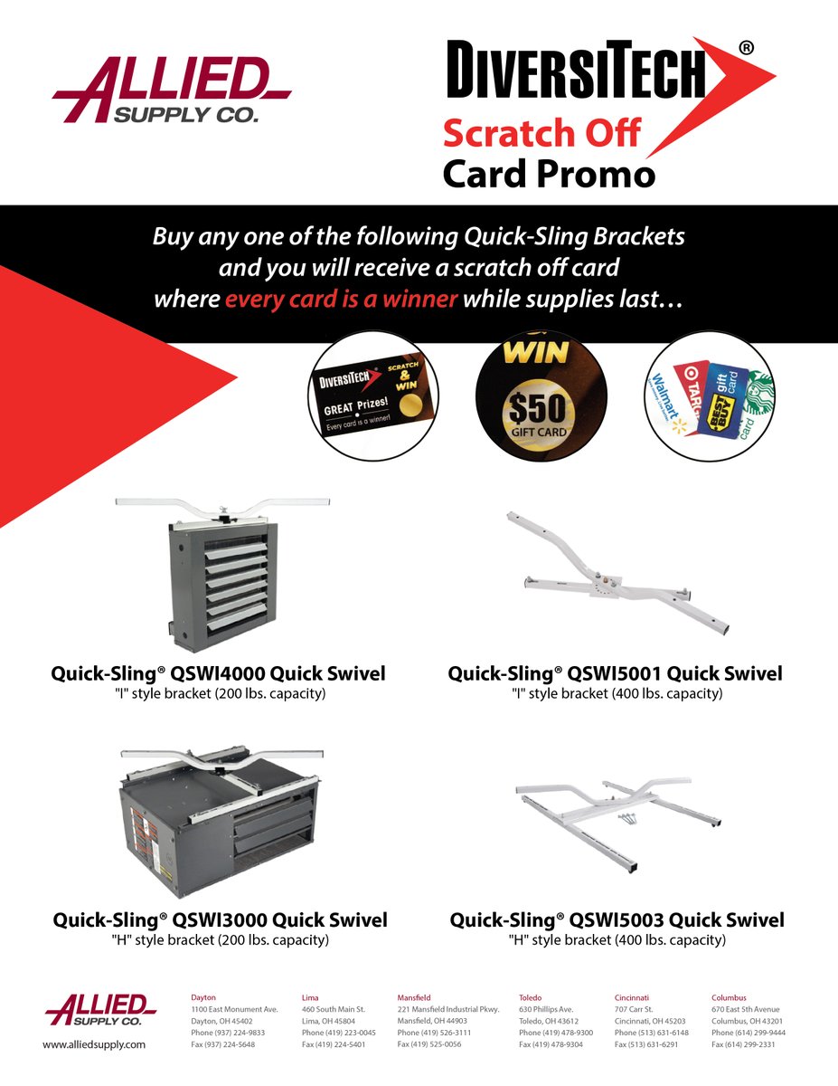AlliedSupply's tweet image. Allied Supply Diversitech Quick-Sling Brackets Scratch Off Promo ~ while supplies last!
Order today! alliedsupply.com/specials

#AlliedSupply #DiversiTech #QuickSlingBrackets #scratchoffpromo