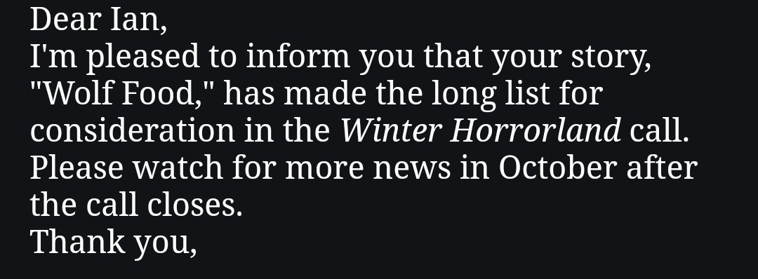 IanMactire's tweet photo. It's been awhile since I've been on here, mostly due to dealing with health issues, which unfortunately also impacted being able to write. I submitted a short story and got the following reply. I'm so excited! #WritingCommunity https://t.co/UZyBy2o3VE