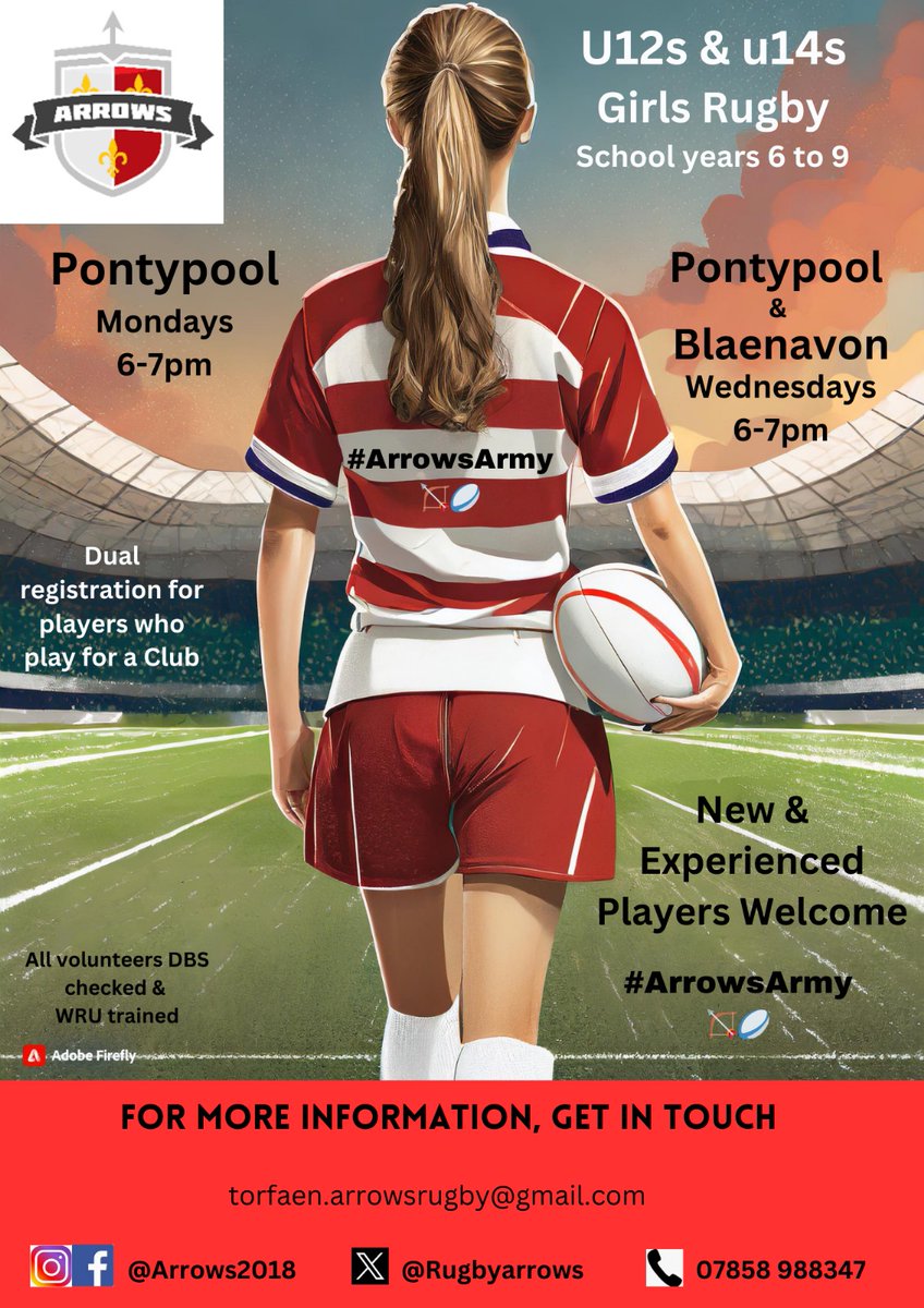 We are recruiting players for all ages groups. No experience necessary - just bring your enthusiasm! 
Training in Pontypool &amp; Blaenavon. Get in touch for more information 🏹🏉
#ArrowsArmy #rugbygirls #WRUgirls #dragonsgirls #HerStory #thefutureisbright