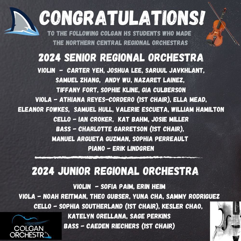 Congratulations to our hardworking students from Colgan who made the 2024 Regional Orchestra! 🎉💙🦈🎻