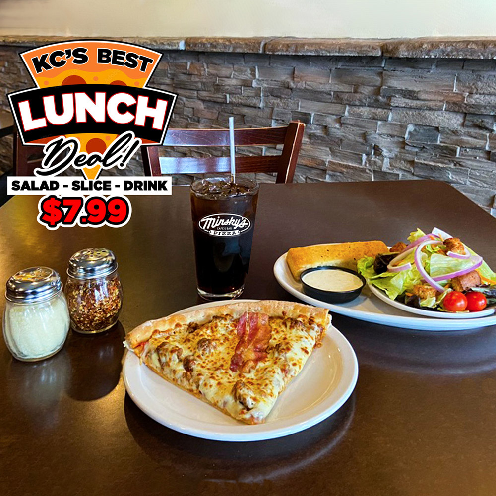 MinskysPizza's tweet photo. Stop by Minsky's for lunch and enjoy a slice, a salad, and a soda for just $7.99! Minsky’s Weekday Slice Special is available every Monday through Friday from store open until 2pm - Dine-In only. - stop by today!
#minskys #kcpizza #kclunch #lunchspecial https://t.co/b5LcdV3tv4