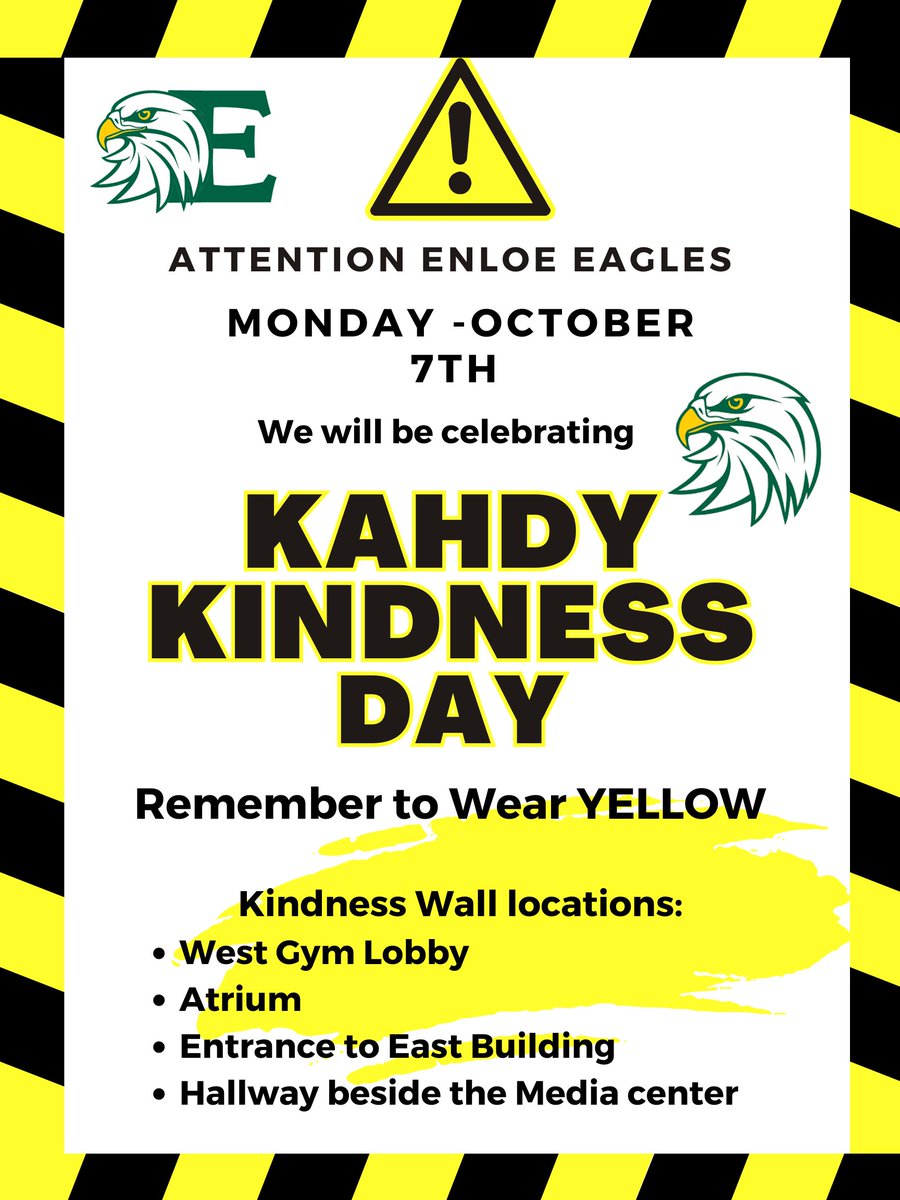 EnloeMagnetHS's tweet photo. Mr. Kahdy was a champion of kindness, always encouraging those around him to spread joy and goodwill. In his memory, we will engage in various acts of kindness throughout the day. Remember to wear YELLOW ! https://t.co/5paZdOiqxJ