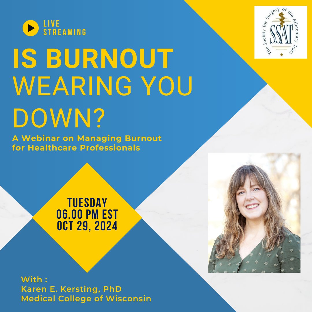 SSAT (@ssatnews) on Twitter photo Join the SSAT Advanced Practice Providers Committee Webinar: Is Burnout Wearing You Down? Learn how to identify and manage burnout with practical tips for all healthcare professionals. <a href="/ArvidePA/">Melissa Arvide</a>
Register now: us02web.zoom.us/webinar/regist…
#Healthcare #Burnout #MentalHealth Join the SSAT Advanced Practice Providers Committee Webinar: Is Burnout Wearing You Down? Learn how to identify and manage burnout with practical tips for all healthcare professionals. <a href="/ArvidePA/">Melissa Arvide</a>
Register now: us02web.zoom.us/webinar/regist…
#Healthcare #Burnout #MentalHealth