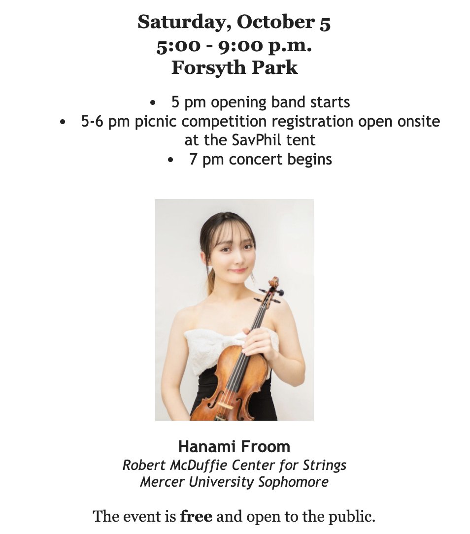 khconductor's tweet photo. #PhilThePark @ Forsyth Park
Make plans to join Mercer alumni and friends this Saturday, Oct. 5, in Forsyth Park to show support for Mercer alumnus, Keitaro Harada, music and artistic director of the Savannah Philharmonic, and current Mercer sophomore and rising star violinist, Hanami Froom.
Saturday, October 5
Forsyth Park
@MercerYou @SavPhilharmonic