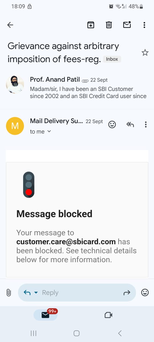 AnandPatilCU's tweet photo. An example of imposing arbitrary charges by @SBICard_Connect. There is no way to grievance redressal. Started hating @TheOfficialSBI. Preferring to close card but even it's not allowed. Reward points aren't calculated properly. Facing consistent harassment by @SBICard_Connect. https://t.co/yrXS29vk8M