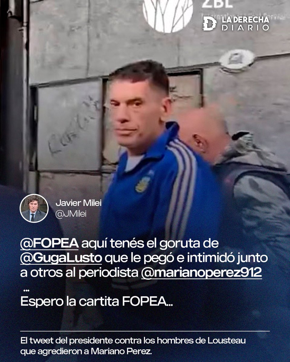 🇦🇷 | El presidente Javier Milei mostró la cara del custodio del senador Martín Lousteau que agredió violentamente al periodista <a href="/marianoperez912/">Mariano Pérez</a> cuando intentó acercarse para hacerle una pregunta: "Espero la cartita de FOPEA..."
