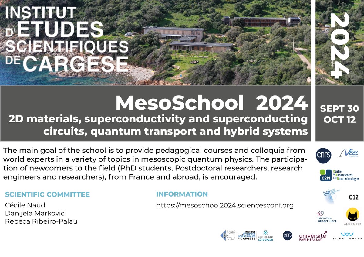IES_Cargese's tweet image. Welcome to Cécile Naud, @danij_markov &amp;amp; @beckyribeiro for these 2 weeks &quot;MesoSchool2024&quot; organized at @IES_Cargese #2DMaterials #superconductivity #quantumtransport #hybridsystems 
mesoschool2024.sciencesconf.org
iesc.universita.corsica
@UnivCorse @Univ_CotedAzur @CNRS_dr12