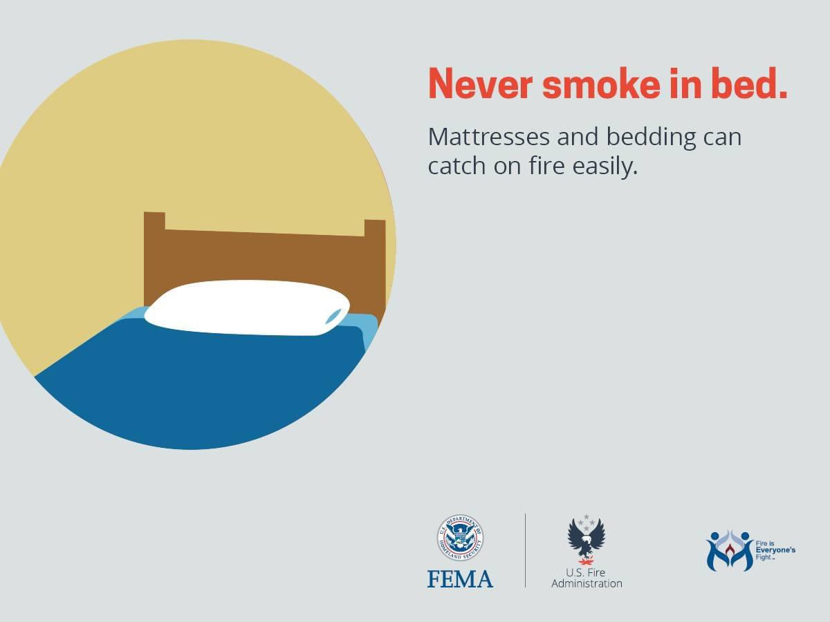 bathtwpfd's tweet photo. Never smoke in bed. Mattresses and bedding can catch on fire easily. Do not smoke in bed because you might fall asleep with a lit cigarette.  #SmokingFireSafety #FirePrevention #FireSafetyTips https://t.co/X7DC6YyLpK