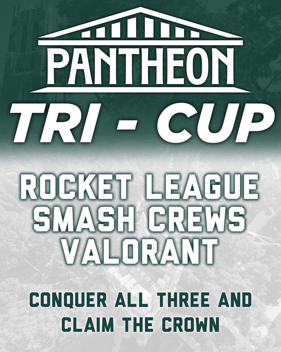 Introducing...
🏆THE PANTHEON TRI-CUP🏆
An 8 Team Invitational held at PANTHEON 2024!  
🚀 Rocket League 
🥊 Smash Crews
🗡️ VALORANT

8 team cap per title- earn points across titles! Only one will raise the trophy! What college teams do you want to see compete? Tag them below!
