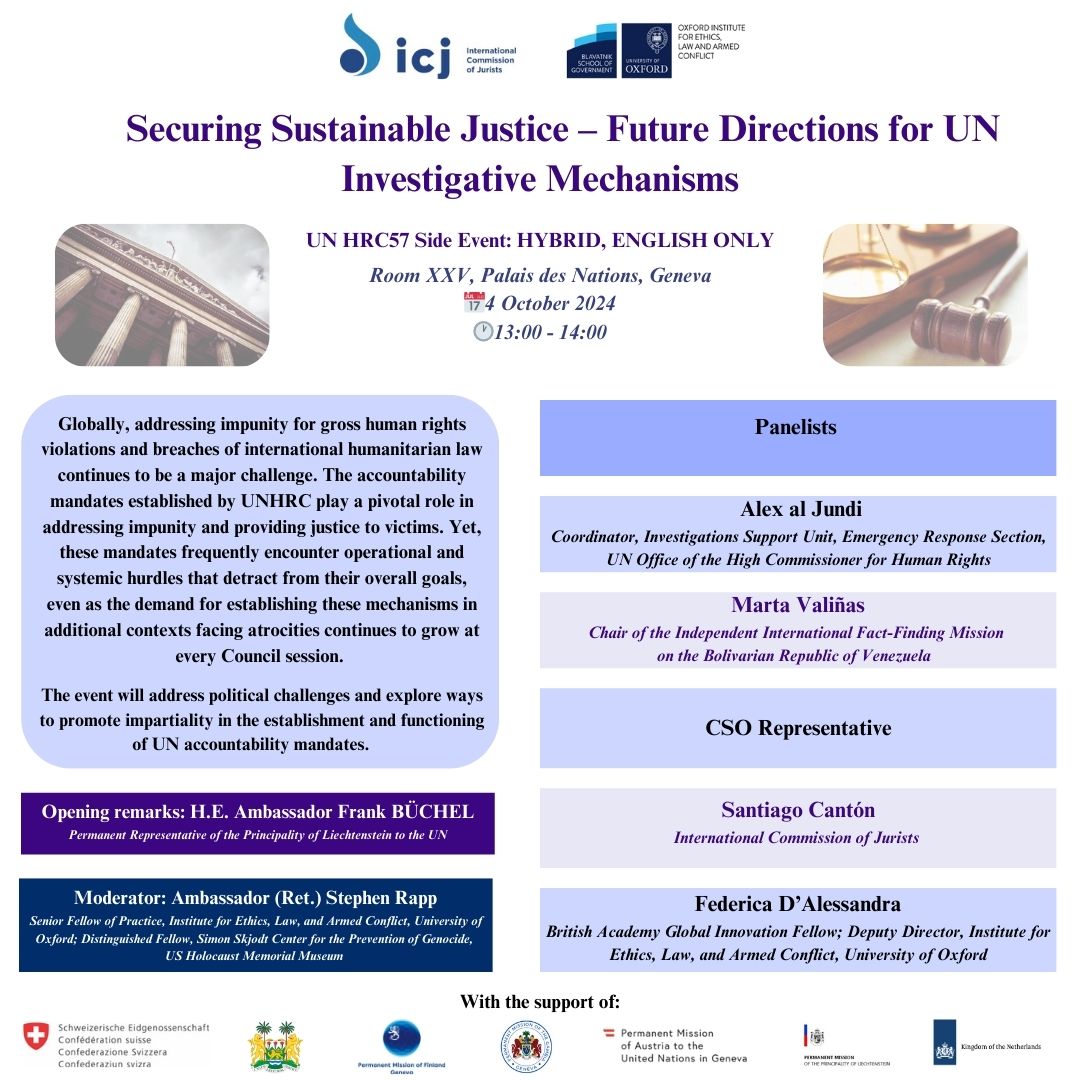 ICJ_org's tweet photo. 🏛️⚖️#Geneva @UN_HRC Tomorrow at🕐1pm, don't miss the discussion on future directions for #UN Investigative Mechanisms w/ @ELAC_Oxford &amp; support from @LiechtensteinUN @FinlandGeneva @FinlandUN @ChileONUGinebra @GMGenevaMission @NLinGeneva @AustriaUNGeneva @swiss_un @SierraLeoneUN https://t.co/WzFvbzS6c0