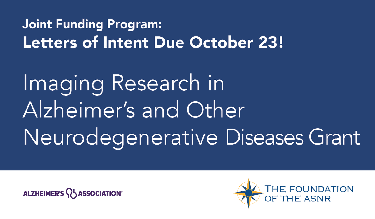 The American Society of Neuroradiology (@theasnr) on Twitter photo Be sure to submit your LOI if interested in the Imaging Research in Alzheimer’s and Other Neurodegenerative Diseases Grant. A partnership between <a href="/alzassociation/">Alzheimer's Association</a> & the Foundation of the #ASNR. 3 grants with funding amounts up to $200,000 are available! ow.ly/rYtZ50TwmoT Be sure to submit your LOI if interested in the Imaging Research in Alzheimer’s and Other Neurodegenerative Diseases Grant. A partnership between <a href="/alzassociation/">Alzheimer's Association</a> & the Foundation of the #ASNR. 3 grants with funding amounts up to $200,000 are available! ow.ly/rYtZ50TwmoT
