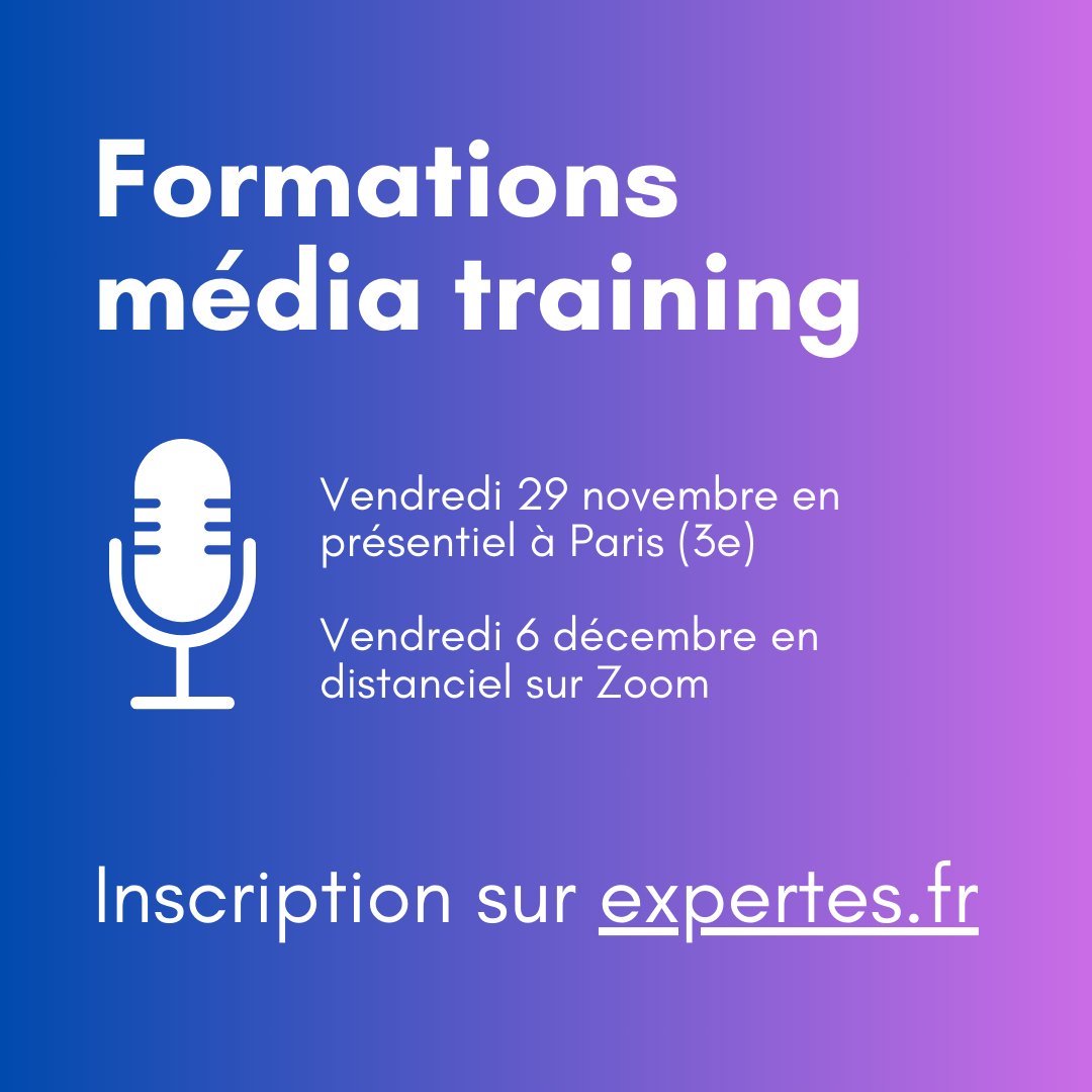 Les Expertes (@les_expertes) on Twitter photo 🎙 Deux sessions media training ouvertes pour les 7000 expertes du site expertes.fr.
Deux dates sont proposées :
- Vendredi 29/11 en présentiel à Paris
- Vendredi 6/12 en distanciel
Elles seront animées par <a href="/DASILVAMADELINE/">Madeline Da Silva</a>
👉 Inscription : formdivers.typeform.com/to/J8pgtCpJ 🎙 Deux sessions media training ouvertes pour les 7000 expertes du site expertes.fr.
Deux dates sont proposées :
- Vendredi 29/11 en présentiel à Paris
- Vendredi 6/12 en distanciel
Elles seront animées par <a href="/DASILVAMADELINE/">Madeline Da Silva</a>
👉 Inscription : formdivers.typeform.com/to/J8pgtCpJ