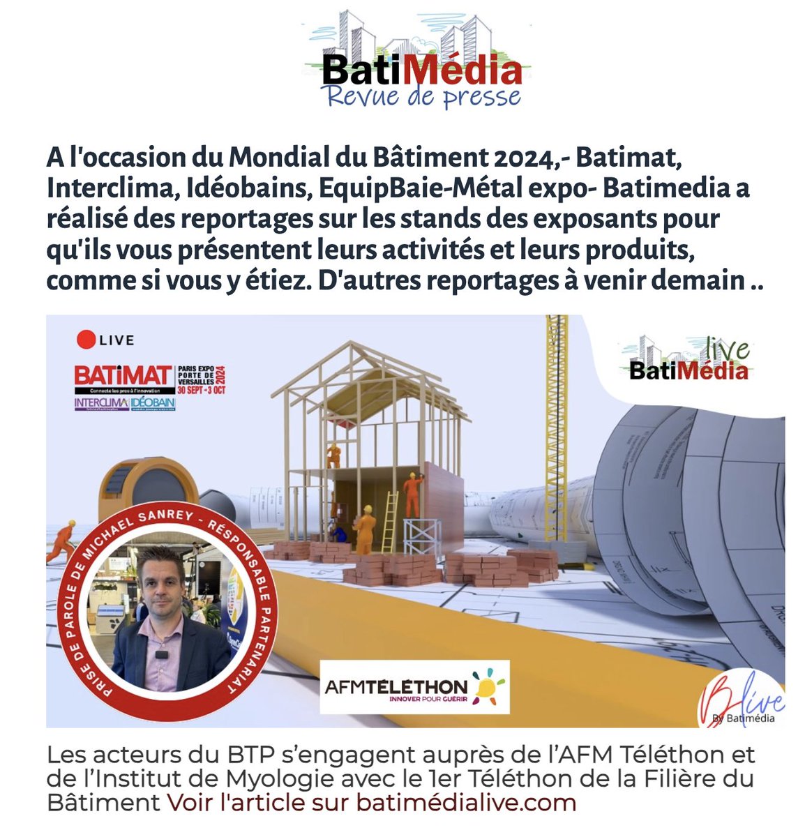 Je vous partage la revue de presse batimédia que nous avons envoyée à nos abonnées ce matin avec les premiers reportages que npus avons fait sur le Mondial du bâtiment. Le reste suit demain matin 
zurl.co/566i