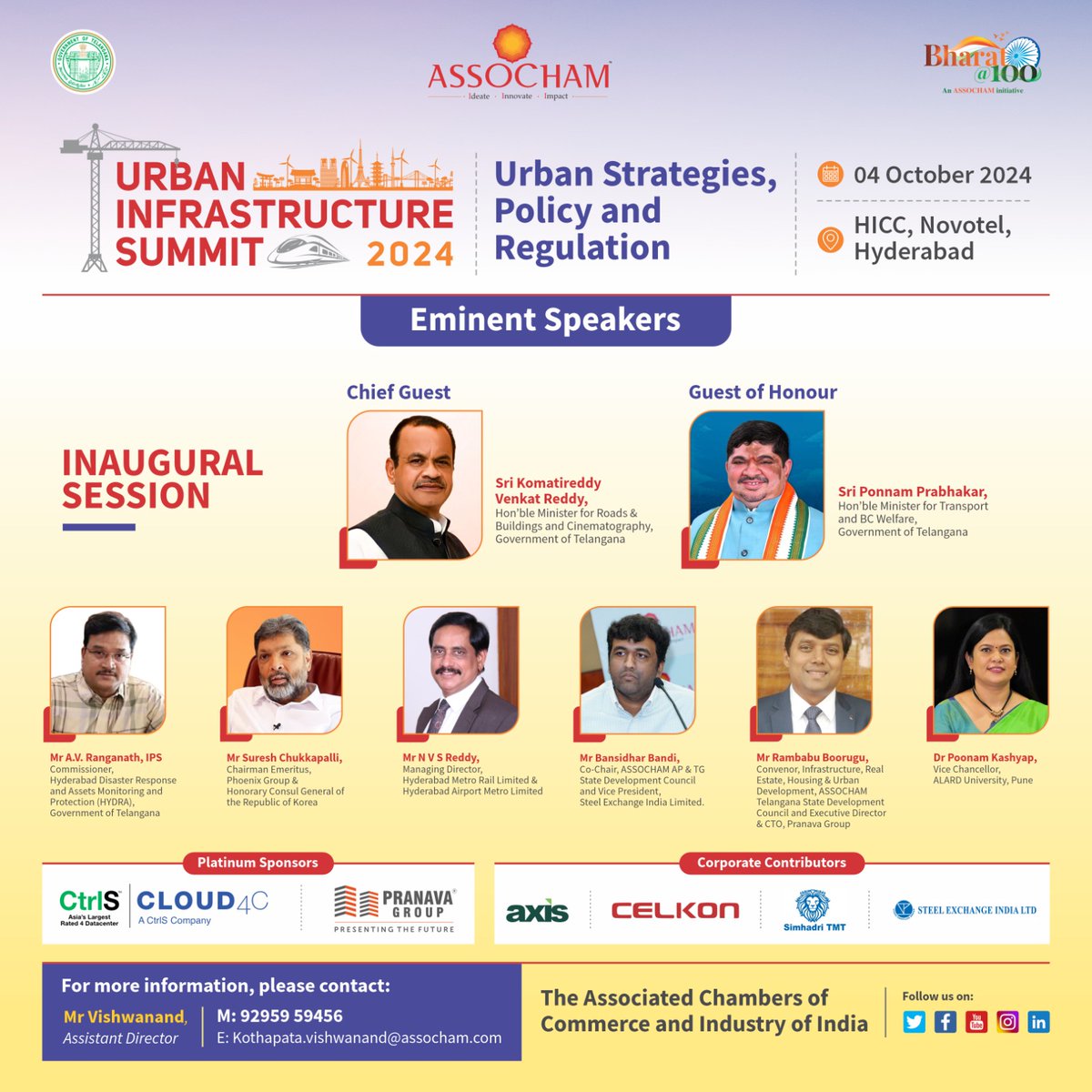 ASSOCHAM4India's tweet photo. Be a part of #UrbanInfrastructureSummit 2024 tomorrow, curated by #ASSOCHAM Telangana State Development Council. Gain insights on this year's theme, “Urban Strategies, Policy, and Regulation,” in the presence of Chief Guest Sri Komatireddy Venkat Reddy, Hon’ble Minister for Roads & Buildings and Cinematography, Government of Telangana, and Guest of Honour Sri Ponnam Prabhakar, Hon’ble Minister for Transport and BC Welfare, Government of Telangana. Learn more on the subject during the special address and sessions.
🗓️ Oct 4, 2024
📍Hyderabad
@MoHUA_India,@Axis_Energy_,@cloud4cservices,@CelkonMobile,@CtrlSDC,@pranava_group,@SimhadriTMT,@srikanthbadiga