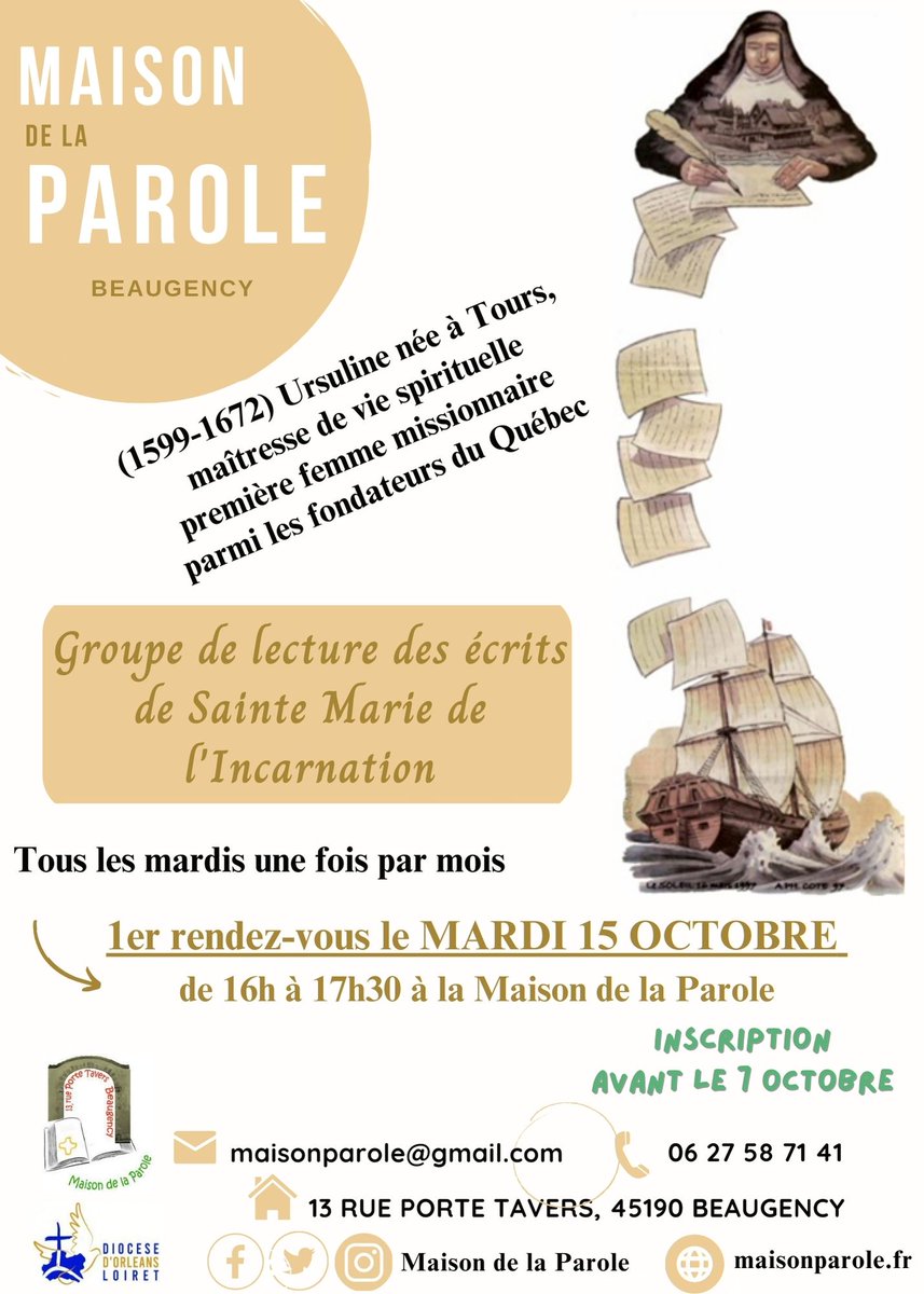 Maison_laParole's tweet photo. Nous vous proposons de constituer un groupe de lecture sur les écrits de Sainte Marie de l'Incarnation 📖🧐
Pour vous inscrire, il suffit de nous envoyer un mail à 📧 maisonparole@gmail.com https://t.co/1NLcCMiDUo