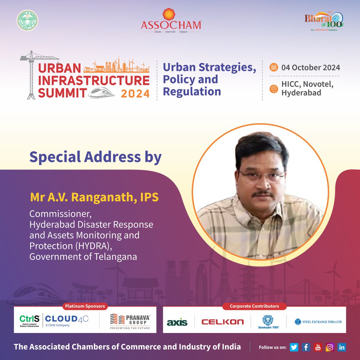 ASSOCHAM4India's tweet photo. Be a part of #UrbanInfrastructureSummit 2024 tomorrow, curated by #ASSOCHAM Telangana State Development Council. Gain insights on this year's theme, “Urban Strategies, Policy, and Regulation,” in the presence of Chief Guest Sri Komatireddy Venkat Reddy, Hon’ble Minister for Roads & Buildings and Cinematography, Government of Telangana, and Guest of Honour Sri Ponnam Prabhakar, Hon’ble Minister for Transport and BC Welfare, Government of Telangana. Learn more on the subject during the special address and sessions.
🗓️ Oct 4, 2024
📍Hyderabad
@MoHUA_India,@Axis_Energy_,@cloud4cservices,@CelkonMobile,@CtrlSDC,@pranava_group,@SimhadriTMT,@srikanthbadiga