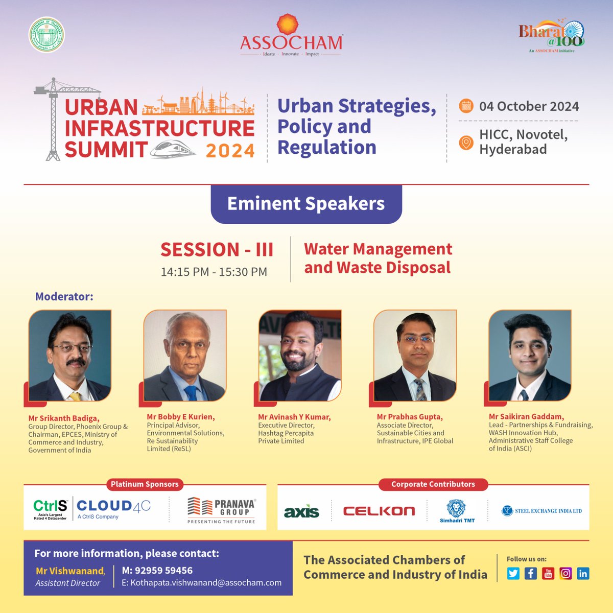 ASSOCHAM4India's tweet photo. Be a part of #UrbanInfrastructureSummit 2024 tomorrow, curated by #ASSOCHAM Telangana State Development Council. Gain insights on this year's theme, “Urban Strategies, Policy, and Regulation,” in the presence of Chief Guest Sri Komatireddy Venkat Reddy, Hon’ble Minister for Roads & Buildings and Cinematography, Government of Telangana, and Guest of Honour Sri Ponnam Prabhakar, Hon’ble Minister for Transport and BC Welfare, Government of Telangana. Learn more on the subject during the special address and sessions.
🗓️ Oct 4, 2024
📍Hyderabad
@MoHUA_India,@Axis_Energy_,@cloud4cservices,@CelkonMobile,@CtrlSDC,@pranava_group,@SimhadriTMT,@srikanthbadiga