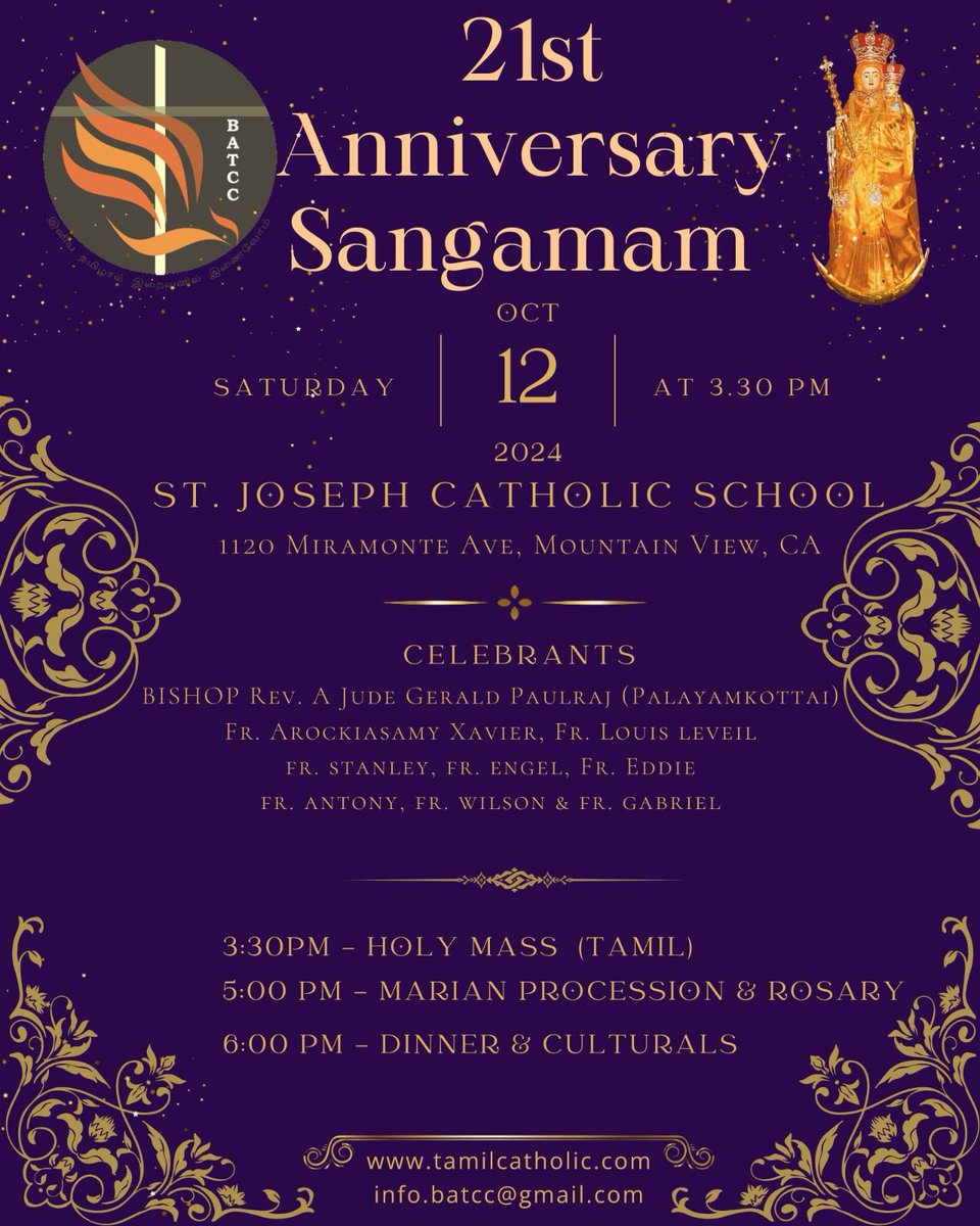 fetcana's tweet photo. Share &amp; Join “21st Anniversary Sangamam” celebrating 21 years of faith, culture, and community by FeTCANA’s proud member, Bay Area Tamil Catholic Community BATCC. Click below to join! 
https://t.co/7XeLRCKQ07 
#BayAreaCatholics #TamilCatholicCommunity #BATCC #FETCANA https://t.co/4CP56jcdGN