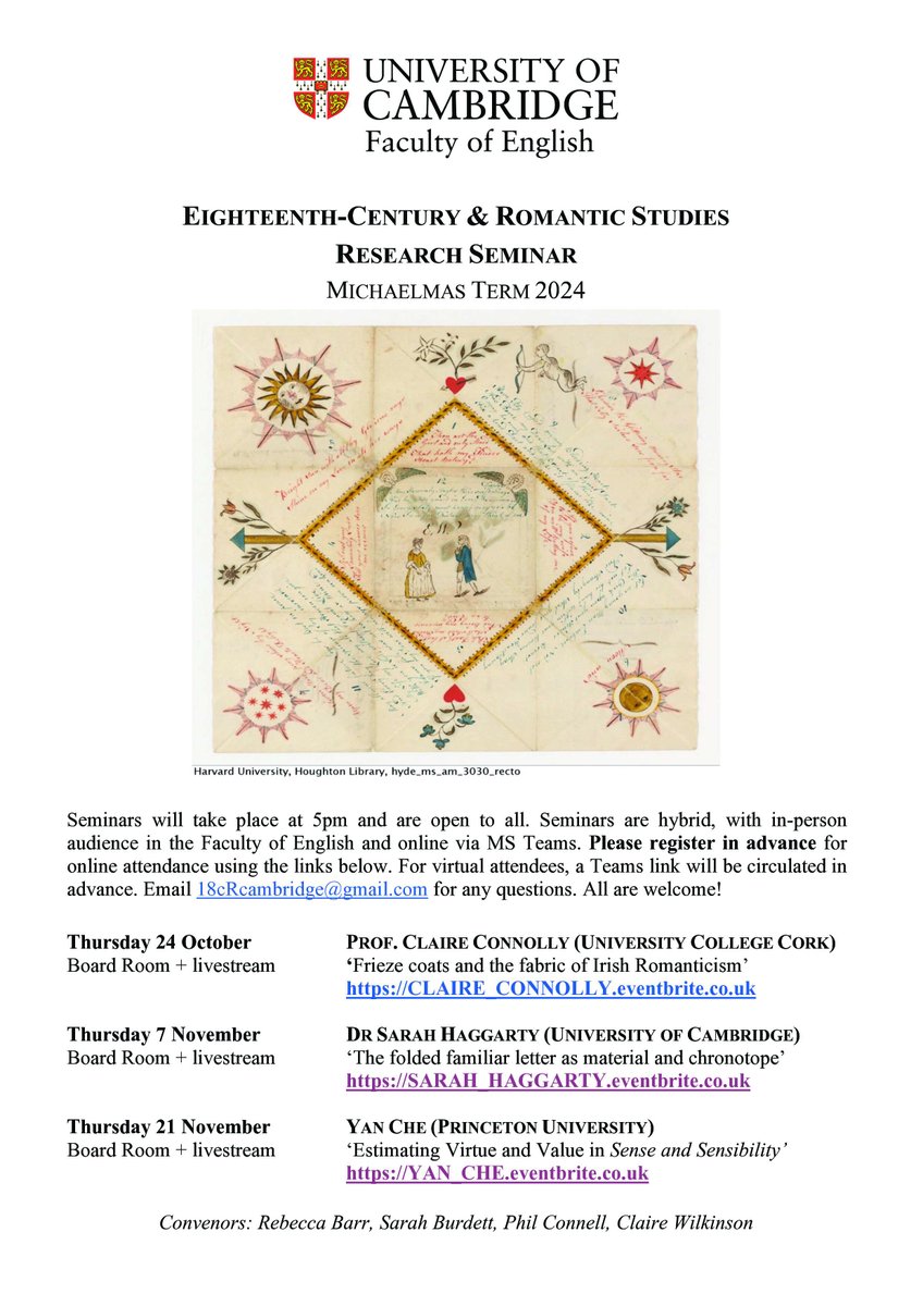 18th Century & Romantic Studies at Cambridge (@18cr_cambridge) on Twitter photo New termcard is here! Claire Connolly (<a href="/EnglishUCC/">English UCC</a>) on frieze coats & Irish Romanticism; Sarah Haggarty (<a href="/englishunicam/">Faculty of English</a>) on the folded letter as chronotope; Yan Che (<a href="/Princeton/">Princeton University</a>) on virtue & value in Sense & Sensibility. All welcome! <a href="/EngFac18thC/">Oxford 18th-Century Literature & Culture</a> <a href="/BSECS/">18th Century Studies</a> <a href="/BARS_PGs/">BARS ECRs & Postgraduates</a> <a href="/18thcentury_cam/">Long Eighteenth Century Cambridge</a> New termcard is here! Claire Connolly (<a href="/EnglishUCC/">English UCC</a>) on frieze coats & Irish Romanticism; Sarah Haggarty (<a href="/englishunicam/">Faculty of English</a>) on the folded letter as chronotope; Yan Che (<a href="/Princeton/">Princeton University</a>) on virtue & value in Sense & Sensibility. All welcome! <a href="/EngFac18thC/">Oxford 18th-Century Literature & Culture</a> <a href="/BSECS/">18th Century Studies</a> <a href="/BARS_PGs/">BARS ECRs & Postgraduates</a> <a href="/18thcentury_cam/">Long Eighteenth Century Cambridge</a>