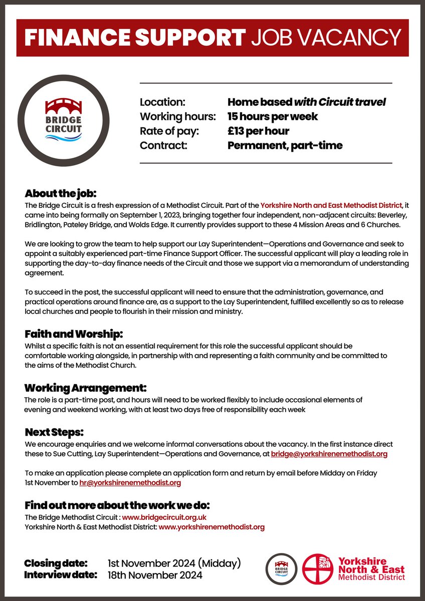 The YN&amp;E Bridge Circuit continues to flourish! They now seek to appoint a part-time finance support officer (Closes Midday 01/01/24) 🕊️

Learn more about the Bridge here: bridgecircuit.org.uk 

📒 Job Information Pack👇🏼

media.methodist.org.uk/media/document…