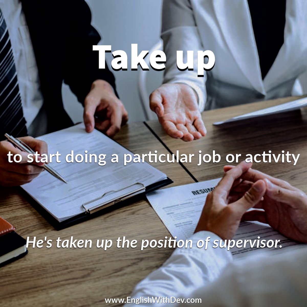 EnglishwithDev's tweet photo. Take up - to start doing a particular job or activity
Example - He's taken up the position of supervisor.
#EnglishWithDev #takeup #englishexpressions #learnenglishonline #phrasalverbs https://t.co/LTtQCtegRJ
