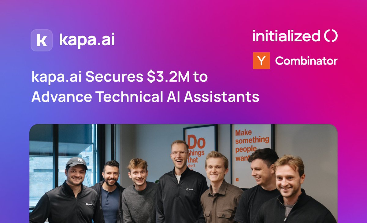Congrats to the team <a href="/kapa_ai/">kapa.ai (YC S23)</a> (YC S23) on the $3.2M seed! 

Their LLM platform turns technical documentation into intelligent AI assistants, instantly answering complex product questions for companies like Docker, OpenAI, and monday.com.

kapa.ai/blog/kapa-ai-s…