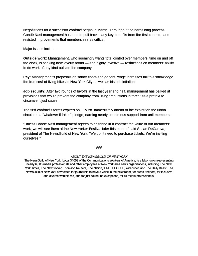 NewsGuild of New York (@nyguild) on Twitter photo Our <a href="/newyorkerunion/">The New Yorker Union</a> has voted unanimously to strike. It's up to <a href="/NewYorker/">The New Yorker</a> and <a href="/CondeNast/">Condé Nast</a> management to stop this strike before the upcoming New Yorker Festival and agree to a fair contract. Read more here nyguild.org/post/new-yorke… Our <a href="/newyorkerunion/">The New Yorker Union</a> has voted unanimously to strike. It's up to <a href="/NewYorker/">The New Yorker</a> and <a href="/CondeNast/">Condé Nast</a> management to stop this strike before the upcoming New Yorker Festival and agree to a fair contract. Read more here nyguild.org/post/new-yorke…