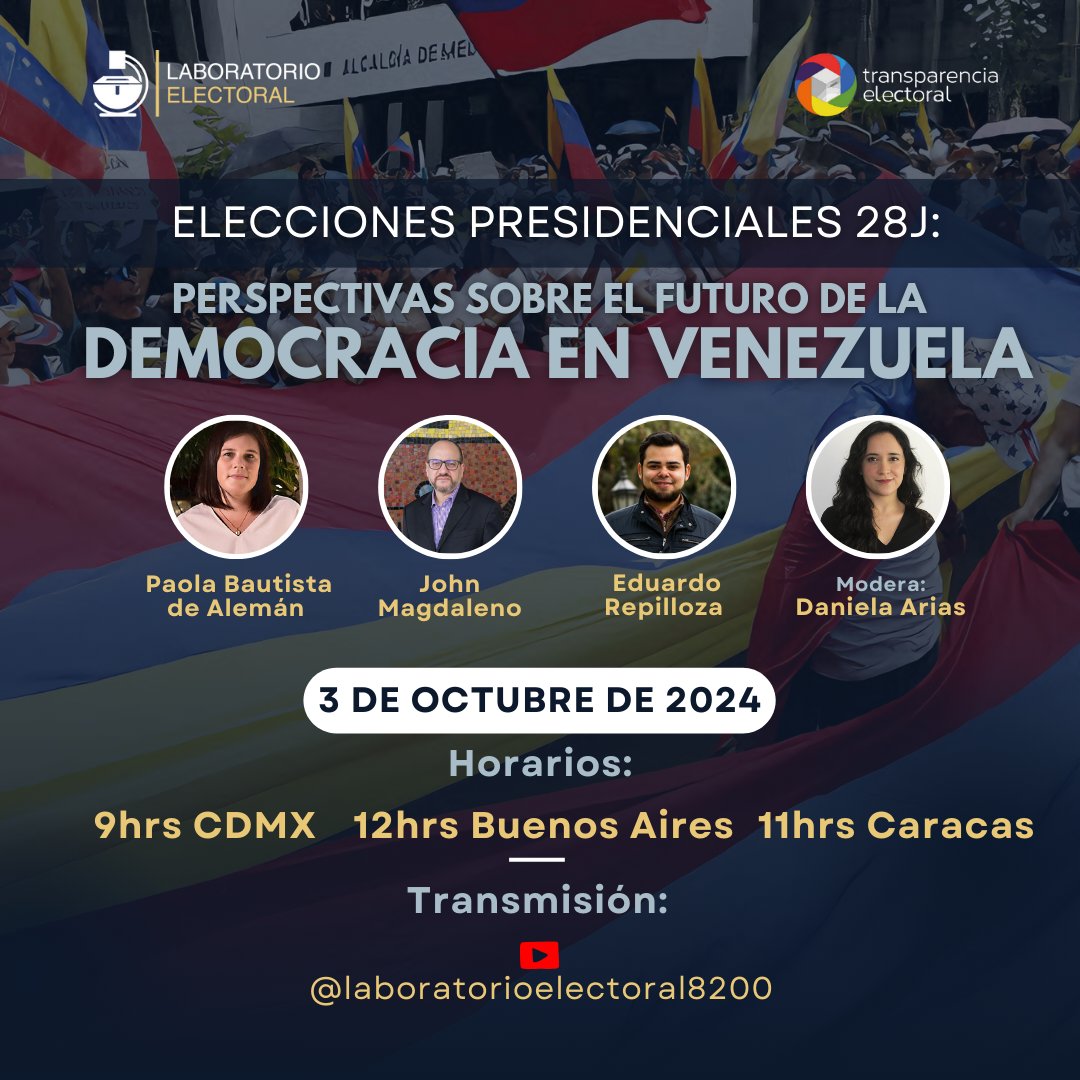 Eleccionesymas's tweet photo. ⏳ ¡Faltan solo 10 minutos para comenzar nuestro seminario! 🚀Aún estás a tiempo de registrarte en el siguiente enlace 👉 https://t.co/lmPHu7YZJF
O también puedes seguir la transmisión en vivo por YouTube aquí 🎥 https://t.co/8IvY0ob7ii

¡No te lo pierdas! Estaremos discutiendo Elecciones Presidenciales 28J: Perspectivas sobre el Futuro de la Democracia en Venezuela con expertos del sector.

#SeminarioEnVivo #NoTeLoPierdas #TransmisiónEnDirecto