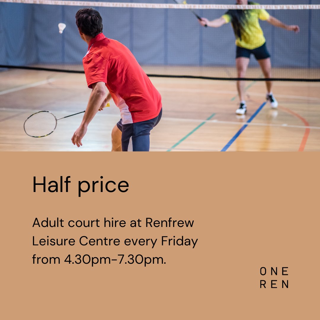 Looking for the perfect way to kick off your weekend? 🙌
Every Friday from 4:30-7:30 pm, enjoy half-price adult court hire at Renfrew Leisure Centre! 🏸
Book in-centre or by calling 0300 300 0250.
See you on the court! 😎