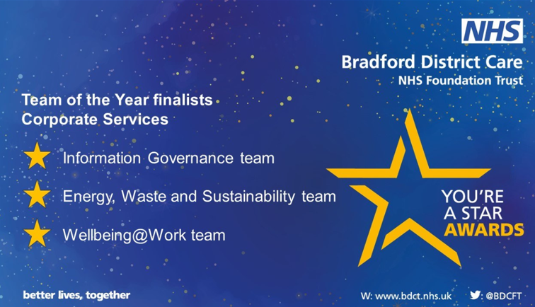 Good luck to our staff within Estates &amp; Facilities at the You’re a Star Awards ceremony tonight.
<a href="/BDCFT/">BDCFT NHS</a> <a href="/BdcftSustain/">BDCFT_Sustainability</a>