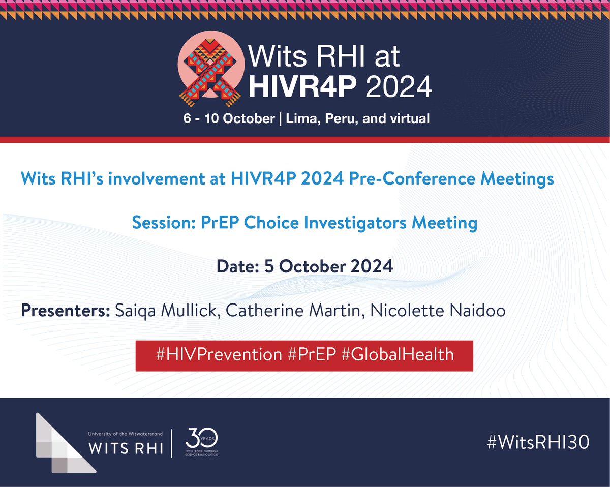 WitsRHI's tweet photo. 🚀Just 3 days until #HIVR4P2024 and 2 days until the Pre-Conf. Meetings! Join #WitsRHI experts Saiqa Mullick, Catherine Martin & Nicolette Naidoo this Saturday at the #PrEPChoice Investigators Meeting to dive into the future of #PrEP delivery! 💊 #HIV
🔗https://t.co/f9hTxHuvCw https://t.co/wDBnHpDrGC