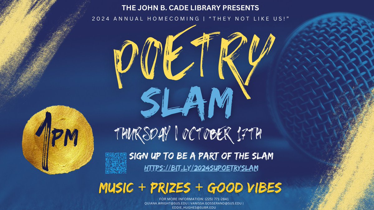 Cade Library is pleased to announce our Annual Homecoming Poetry Slam! Join us on 10/17 or sign up to showcase your gift here: bit.ly/2024supoetrysl…