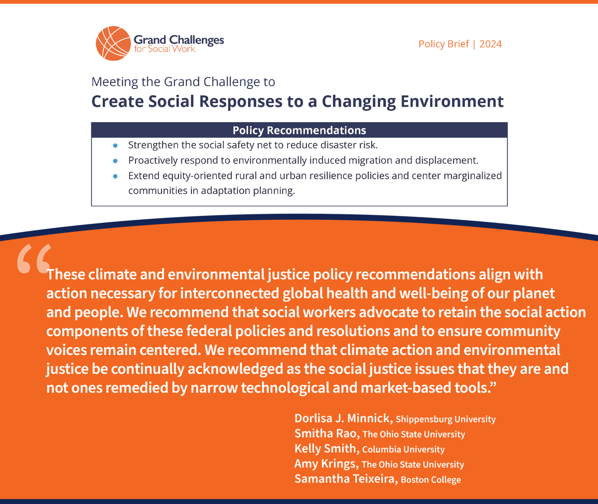 csdwustl's tweet photo. Sound social responses to #EnvironmentalChange require sound #policy. Dorlisa Minnick, Smitha Rao, Kelly Smith, Amy Krings & Samantha Teixeira offer 3 recommendations in this new brief:
https://t.co/js0tzPTvH6
#Up4theChallenge #ClimateWorkIsSocialWork @ShipUSocialWork https://t.co/9FkyMFzlxv