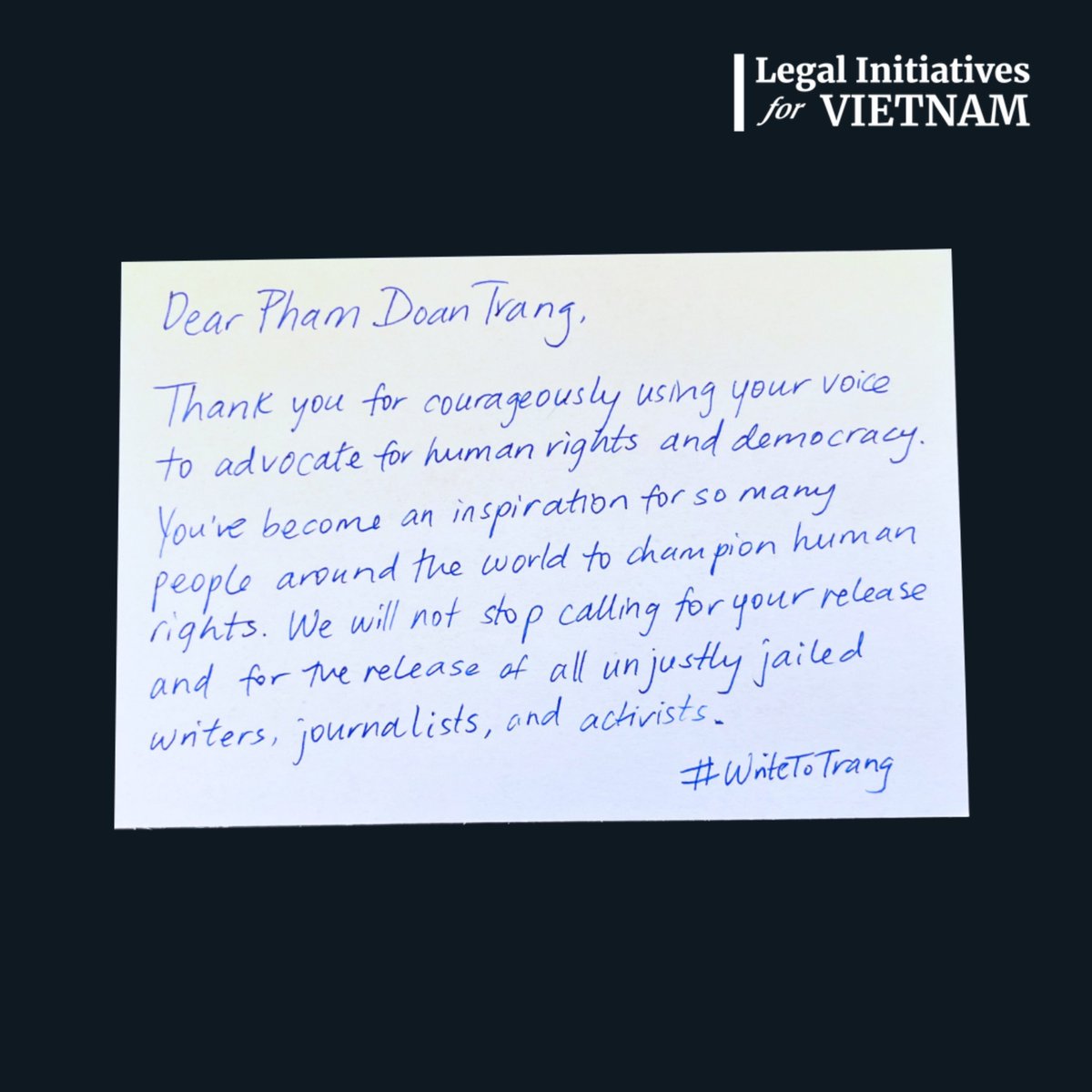 PENamerica's tweet photo. This Sunday will mark 4 years since Pham Doan Trang was arrested by Vietnamese authorities for her writing and advocacy in support of democracy and human rights.
Join the @thevnmesemag ’s #WriteToTrang campaign to show solidarity and call for her release. #FreeTrang https://t.co/Txq3oqO74M