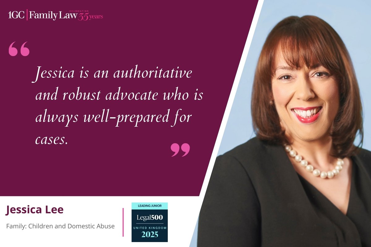 Congratulations to Jessica Lee who is ranked as a Leading Junior in the 2025 edition of Legal 500 for Family: Children and Domestic Abuse.

1gc.com/barristers/pro…