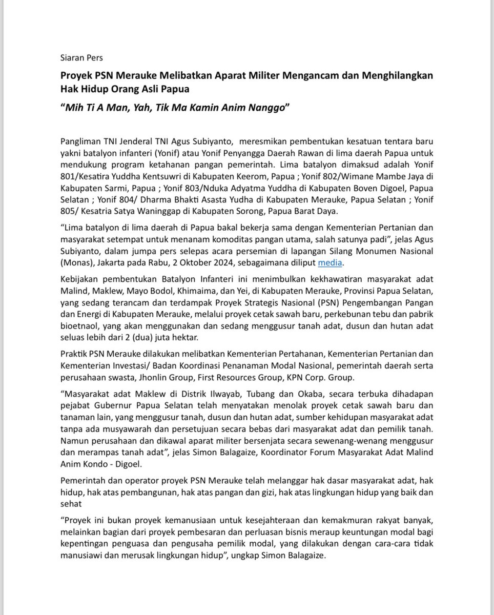 YLBHI's tweet photo. #SolidaritasMerauke serta Forum Masyarakat Adat Malind Kondo Digoel yang didalamnya juga bergabung @LbhPapua pos Merauke, hari ini membuat pernyataan sikap untuk merespon kondisi pembangunan proyek PSN di Merauke dan kaitannya dengan pembentukan batalyon infanteri ini. https://t.co/euvqfHrgQE