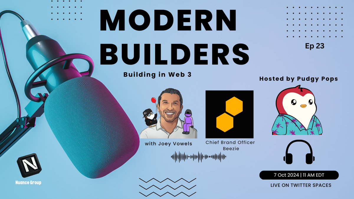 PudgyPops777's tweet photo. Next Monday on Modern Builders 🧱

Join me with esteemed guest @joeyvowels , the Chief Branding Officer of @beezie 

Tune in as we discuss the evolution of collectibles, Web3 branding & more! 

Set your reminder below 👇