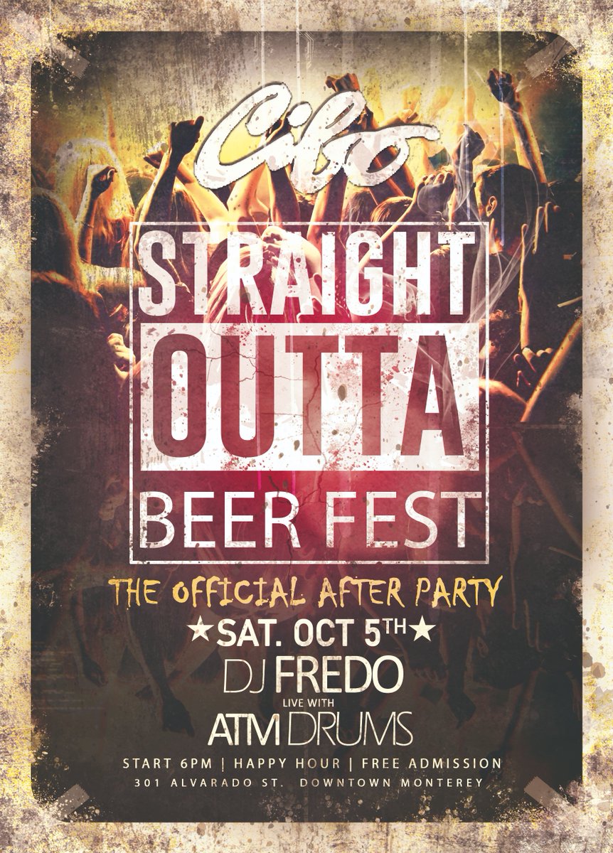 FredoOnTheRadio - Straight Outta Beer Fest (The OFFICIAL After Party) at Cibo in Downtown Monterey.  Saturday Oct 5th | 6pm | 301 Alvarado St.
Right AFTER Beer Fest...
DJ Fredo "Live With"  ATM Drums
Happy Hour 5pm to 7pm
FREE ADMISSION
@fredonontheradio <a href="/atmdrums/">Drumming Papi</a> @ciboafterhours