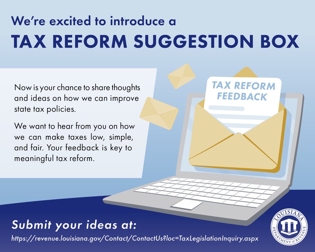 🗳️ Want to comment on Louisiana's tax policies? Now's your chance! Share your thoughts as our Department works to help make our tax system work for all Louisianans. Your feedback is key to meaningful tax reform. 📬 #lalege #lagov story.cd/AAYIwS