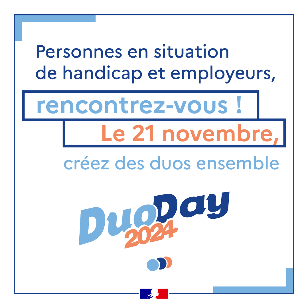 Rdv le 21 novembre, pour le #DuoDay2024 !😀
Organisé durant la #SEEPH2024, le DuoDay est une journée nationale durant laquelle les entreprises accueillent une personne en situation de handicap, en duo avec un professionnel volontaire.  Pour vous inscrire : duoday.fr