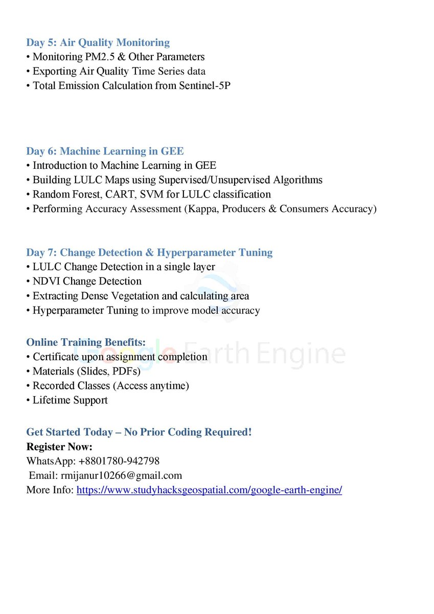 GISRSStudyHacks's tweet photo. Registration Open for 7-Day Online Live Training on Google Earth Engine for Remote Sensing &amp; GIS Analysis
Registration Info: https://t.co/i4EFoxWxSm

#RemoteSensing #GoogleEarthEngine #GIS #Geospatial #OnlineTraining #GISAnalysis #RemoteSensingAnalysis #geospatial #training https://t.co/JHbWjhPZP8