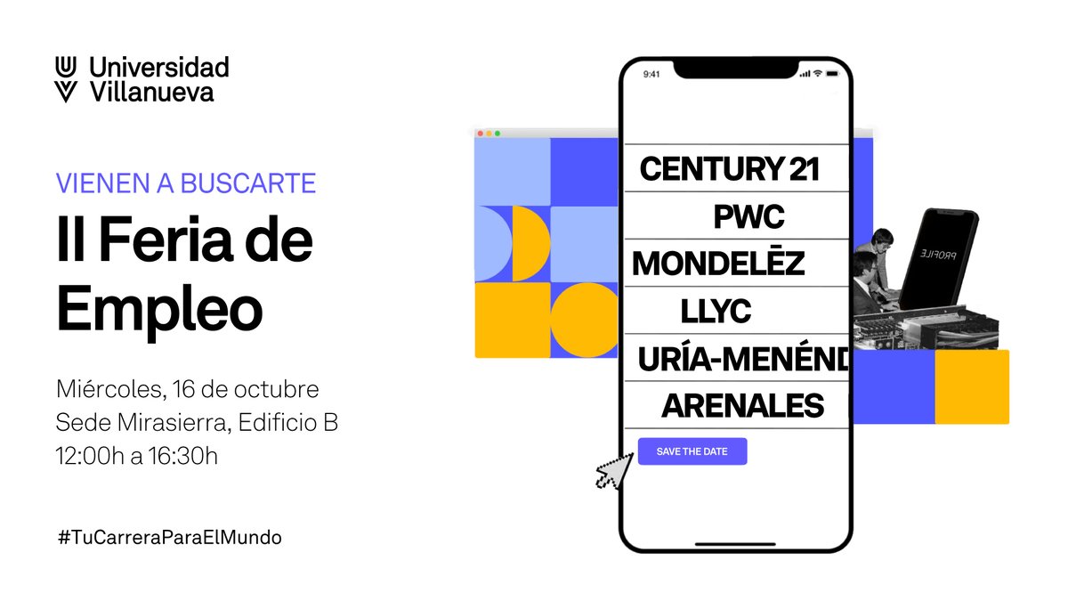 El miércoles, 16 de octubre celebraremos la segunda Feria de Empleo de la Universidad Villanueva en el edificio B. Para ello, contaremos con numerosas empresas de todos los sectores relacionados con nuestras titulaciones.

¡Estáis todos invitados!
loom.ly/r8fJvEQ