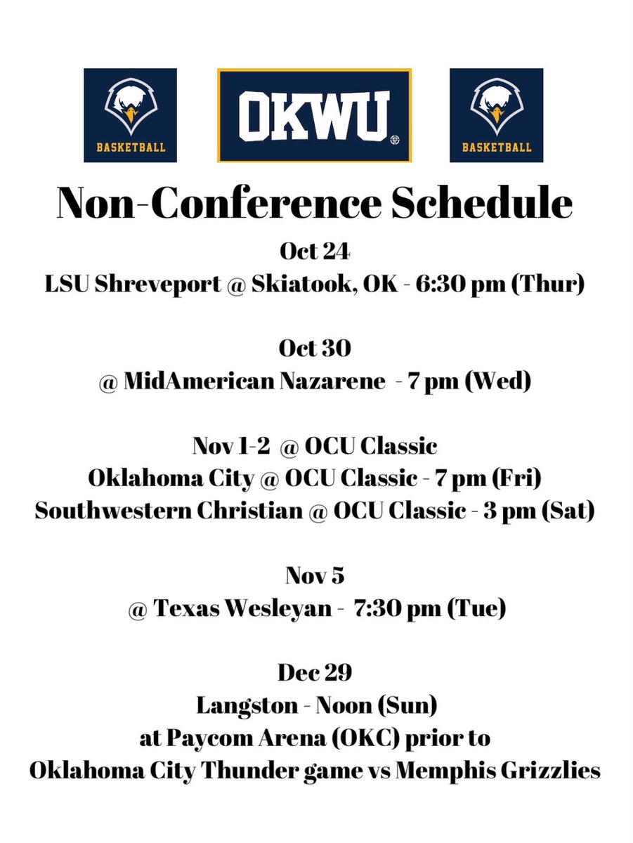 Non-Conf Schedule. No home games and loaded with perennial NAIA Basketball Powers. Featuring a very special opportunity playing in Paycom prior to a Thunder Game. OKWU and Langston are the two winningest college basketball programs in Oklahoma the last two seasons!