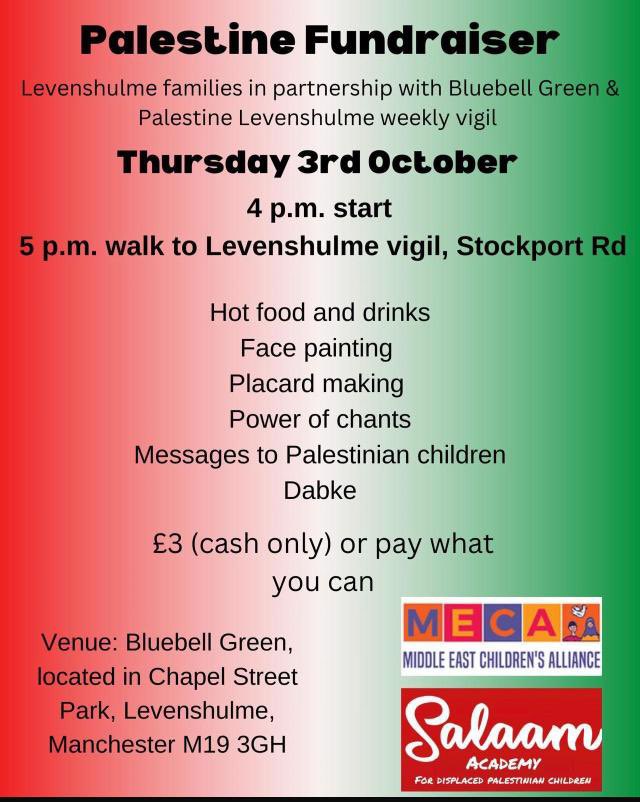 Fundraiser for Palestine after school today on Bluebell Green organised by local parents - all welcome #Levenshulme
