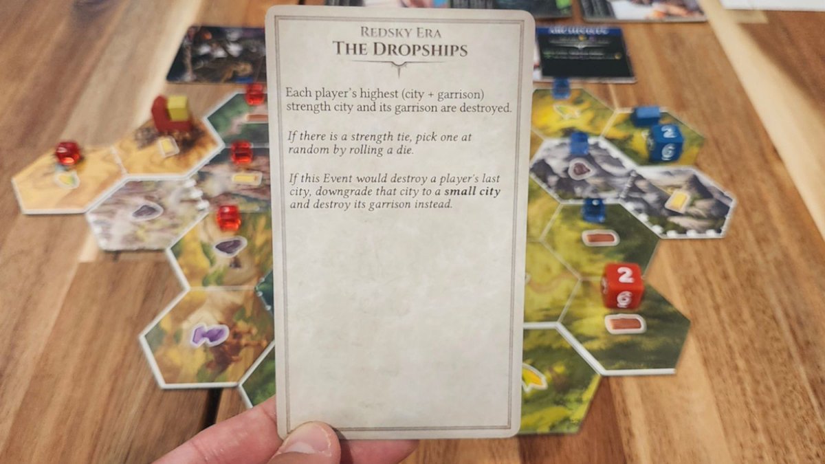 SolarStudiosDev's tweet photo. 🔥 😱 In Redsky: The Boardgame, the final Event cards unleash the apocalypse.

One of the most destructive apocalyptic cards is The Dropships, which immediately destroys everyone's most well-defended city.

Plan carefully! The apocalypse will bring your economy to its knees. https://t.co/AonlY8FPlA